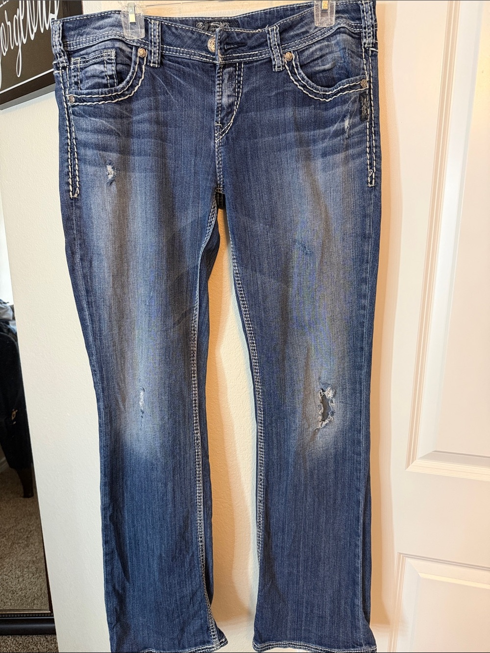 Silver Jeans Women's Blue Straight-Leg Distressed Jeans